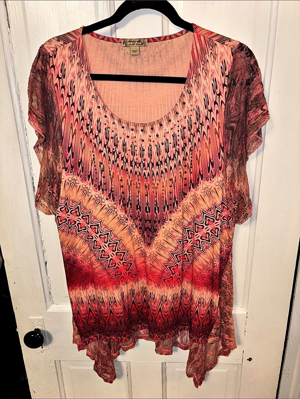 Printed Asymmetrical Tunic in Red, pink, purple, orange. Like New